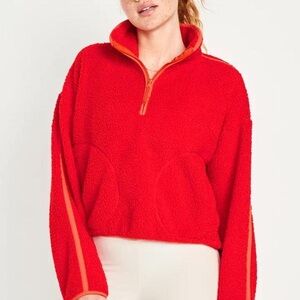 Red Fleece Pullover with Orange Accents